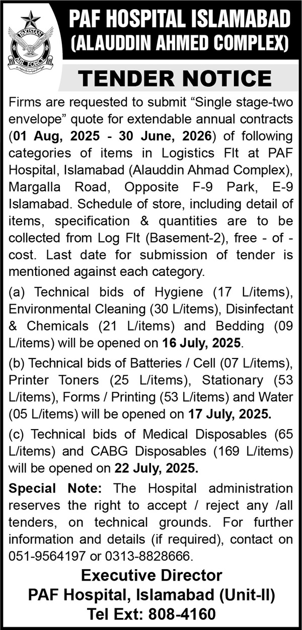PAF Hospital Islamabad Tender Notice